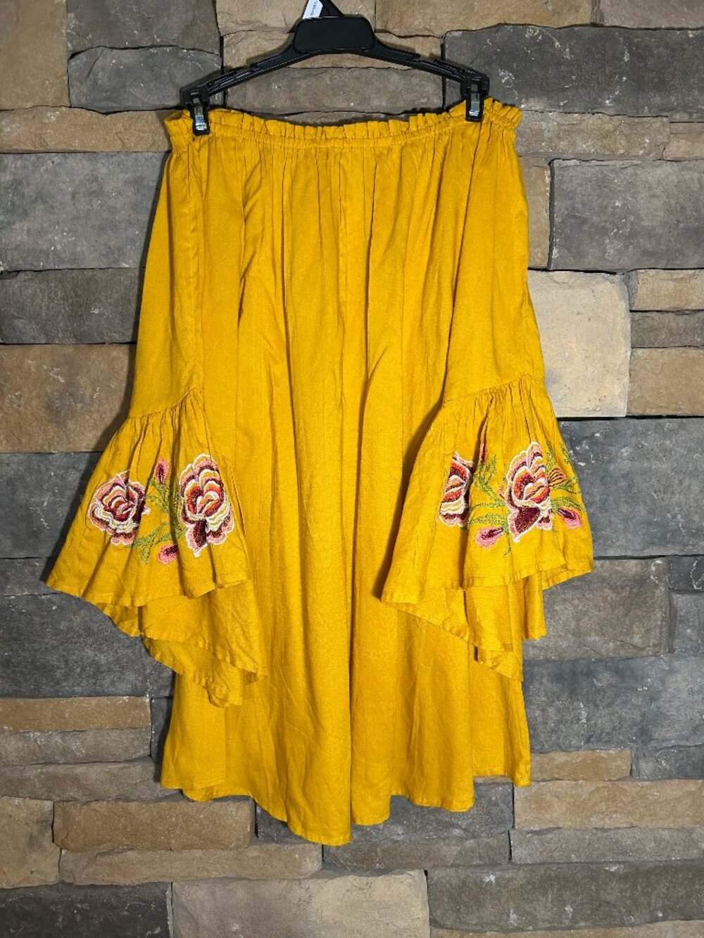 Feathers Mustard Yellow off-the-shoulder Dress w Rose Embroidered Flared Sleeves
